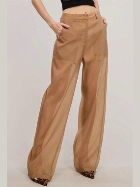 Mimosa Straight Leg Sheer Organza Pants Lined Shorts Color Taupe Beige SZ S M L